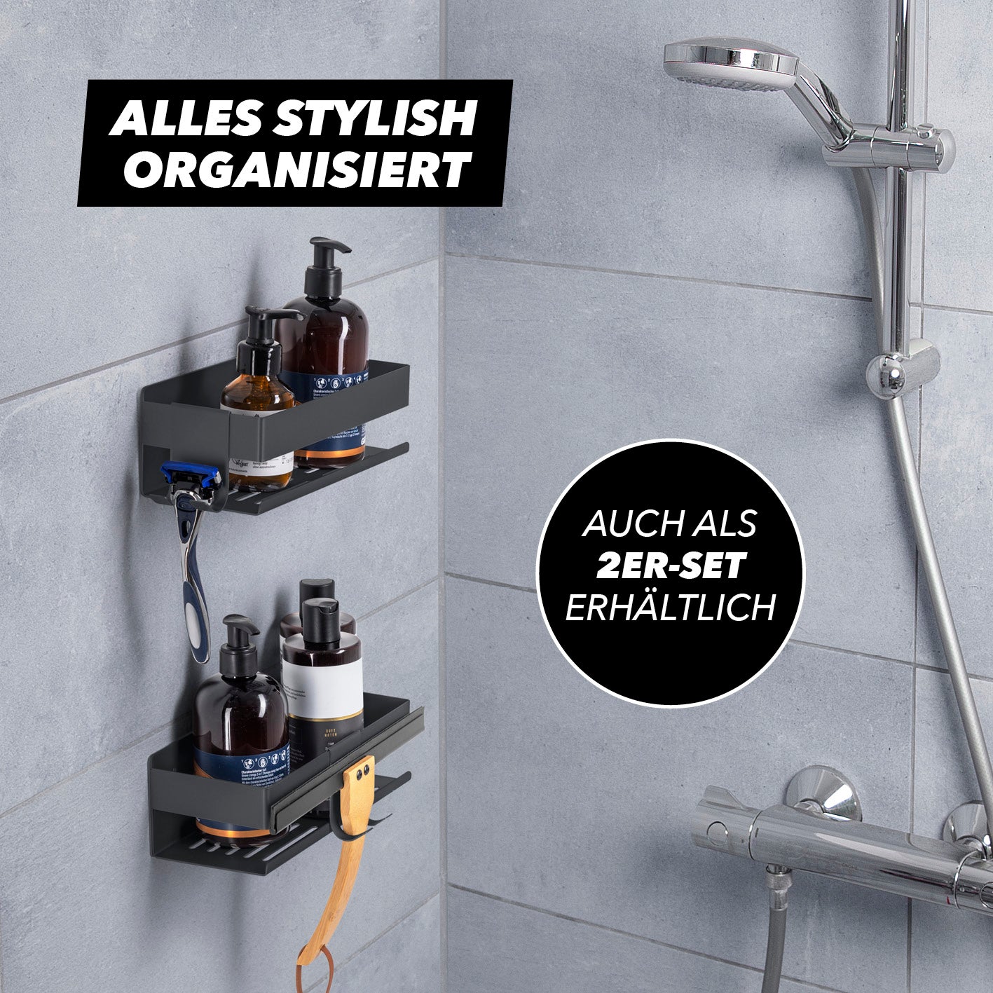 Dusch-Organizer zum Kleben oder Bohren - Schwarz, platzsparend mit Hakenleiste und Wasserrillen für Shampoo und Duschutensilien.