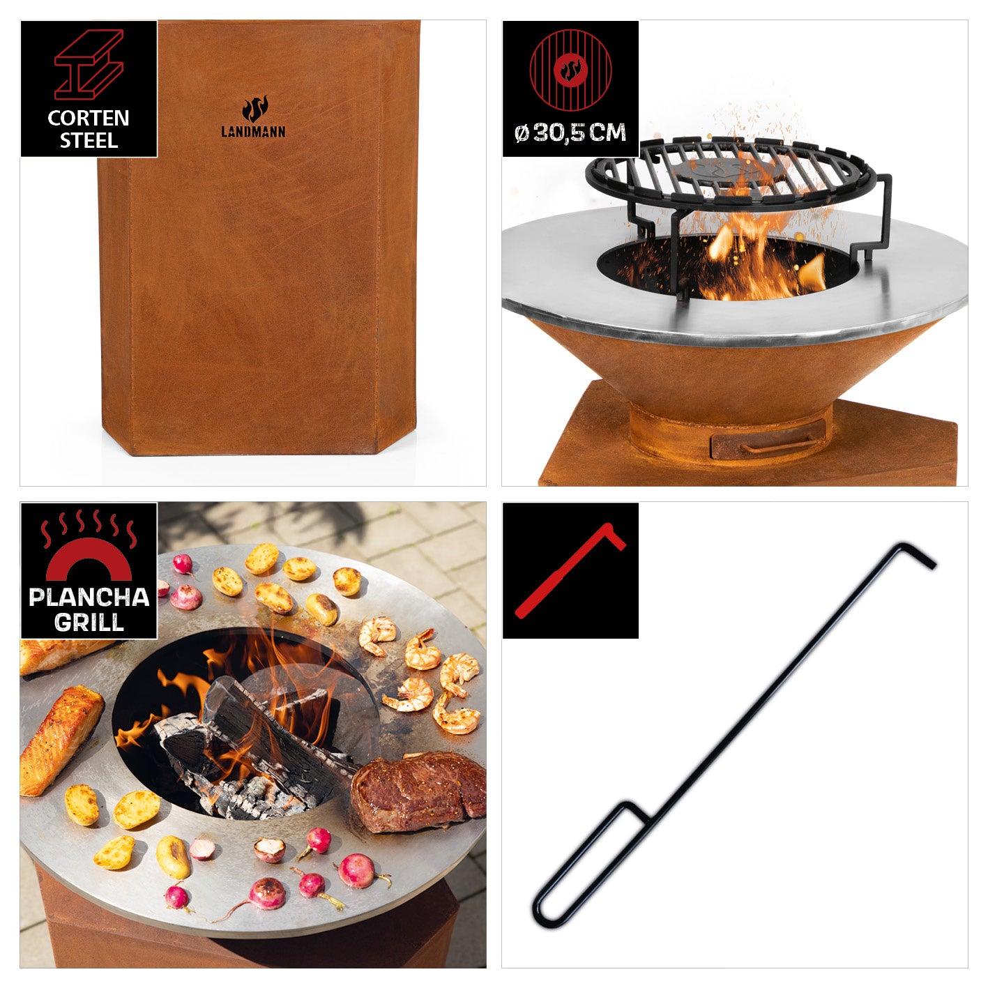 Feuerschale aus Cortenstahl mit Standfuß - 60 cm, Plancha-Grill, Grillrost, Schürhaken und Ascheschublade im trendigen Rost-Design.