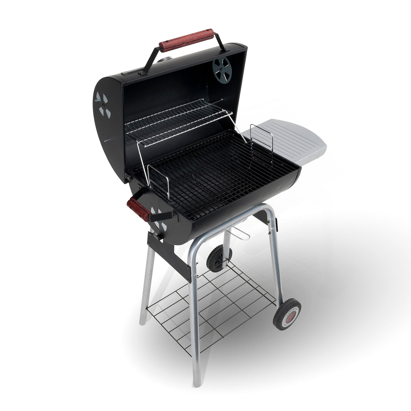 Holzkohle-Barrelgrill mit lackiertem Deckel, emailliertem 2-teiligen Grillrost, Warmhalterost und höhenverstellbarem Kohlerost.