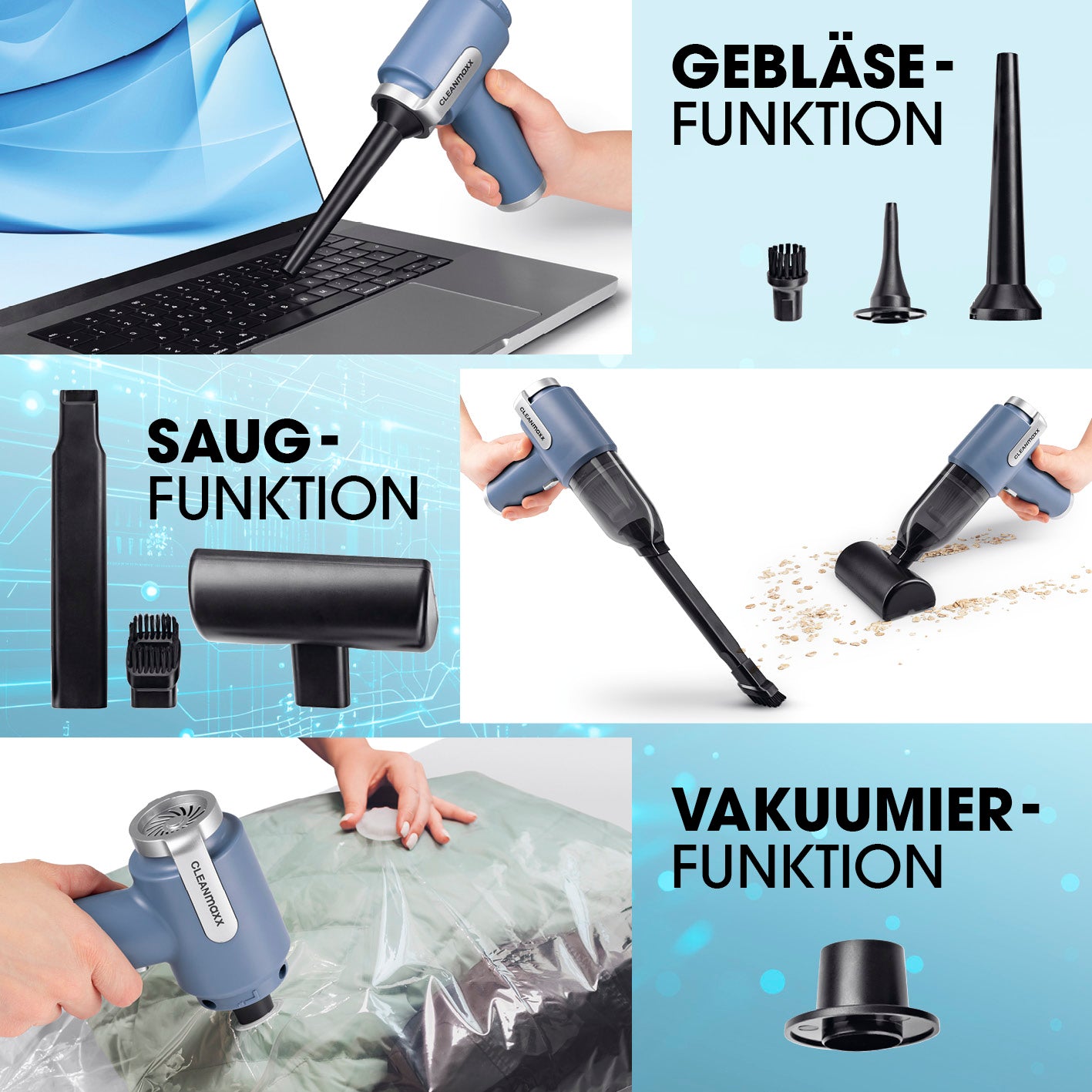 2in1-Akkusauger mit Saug-, Gebläse- und Vakuumierfunktion und vielseitigen Aufsätzen für Haushalt, Auto und mehr.