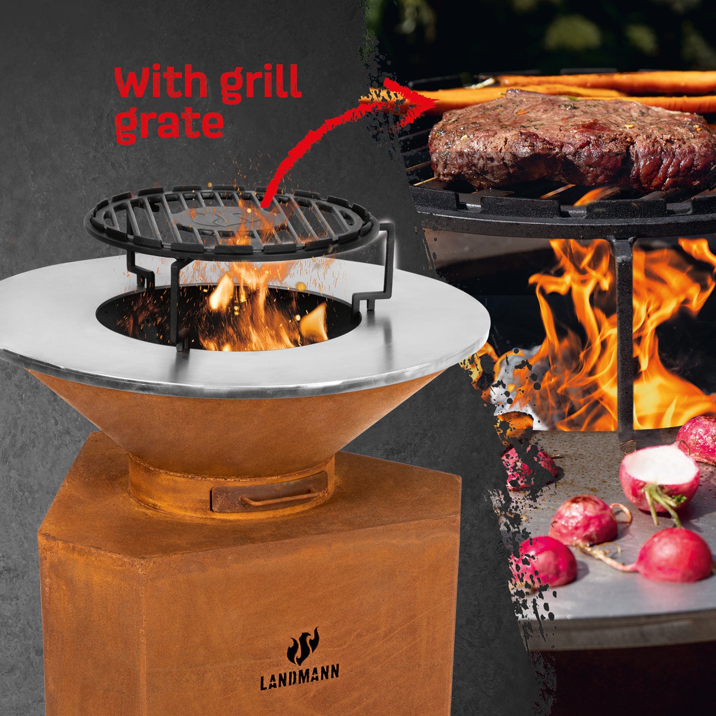 Feuerschale aus Cortenstahl mit Standfuß - 60 cm mit Grillrost aus Gusseisen und praktischem Ascheschublade.