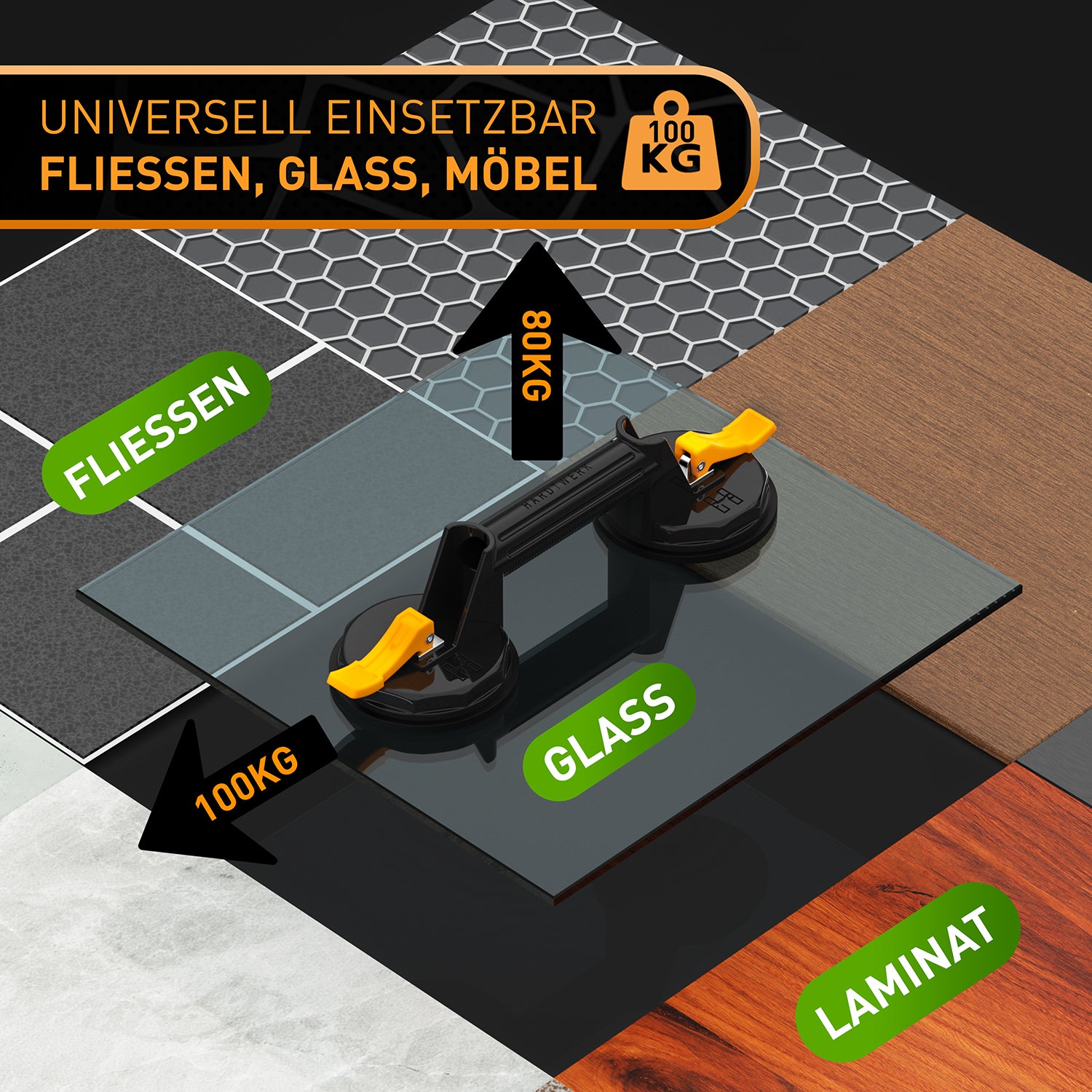 Multifunktionaler Saugheber - 2er Set, universell für Fliesen, Glas und Laminat, bis 120 KG Tragfähigkeit, stabiler Griff und rutschfest.