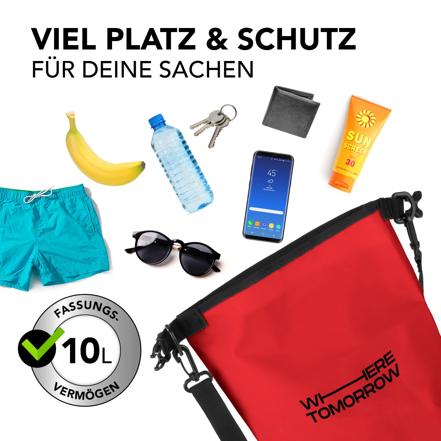 Dry Bag 10L - Style 01 - Rot wasserdichter, robuster Outdoor-Rucksack mit UV-Schutz und verstellbarem Schultergurt.