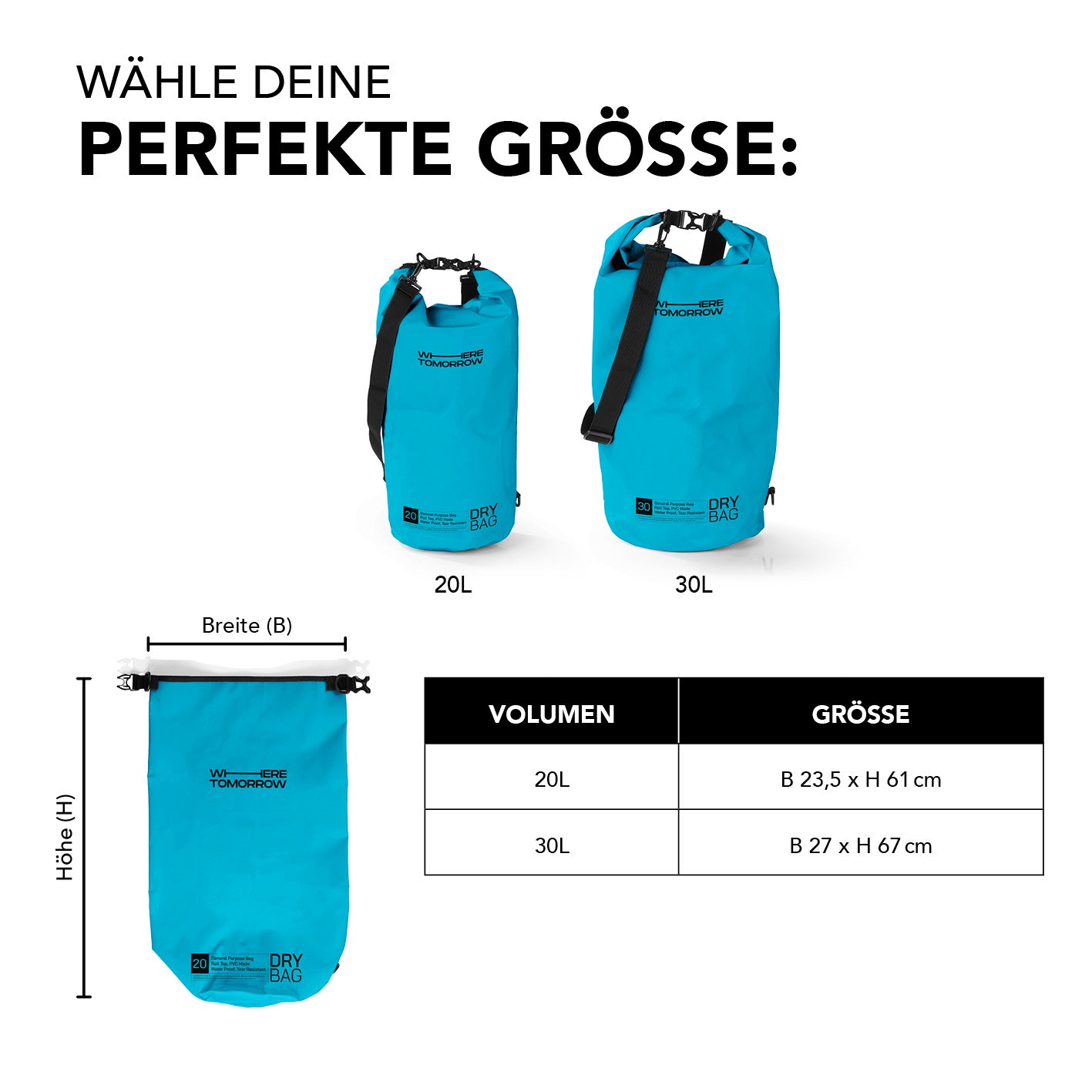 Dry Bag 30L - Style 01 - Himmelblau robuster, wasserdichter Outdoor-Rucksack mit UV-Schutz und verstellbarem Schultergurt.