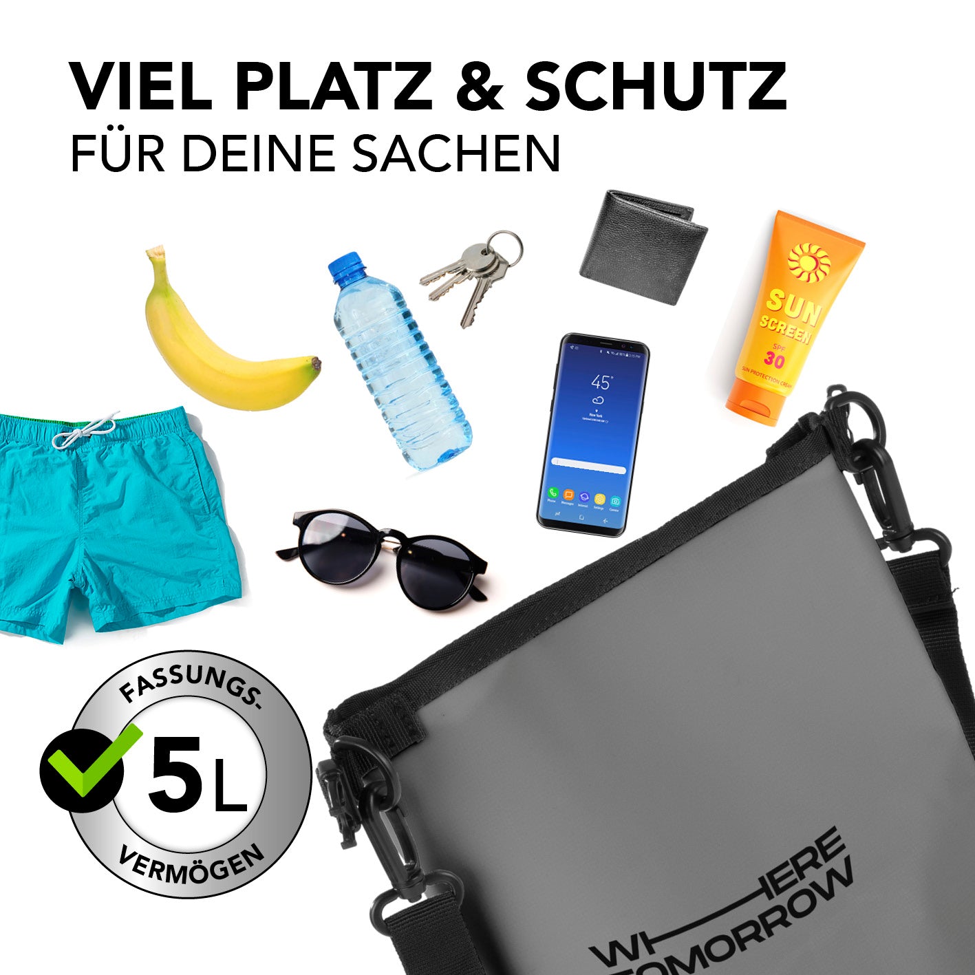 Dry Bag 5L - Style 01 - Grau wasserdichter Rucksack mit 5L Fassungsvermögen und praktischem Schutz für Outdoor und Alltag.