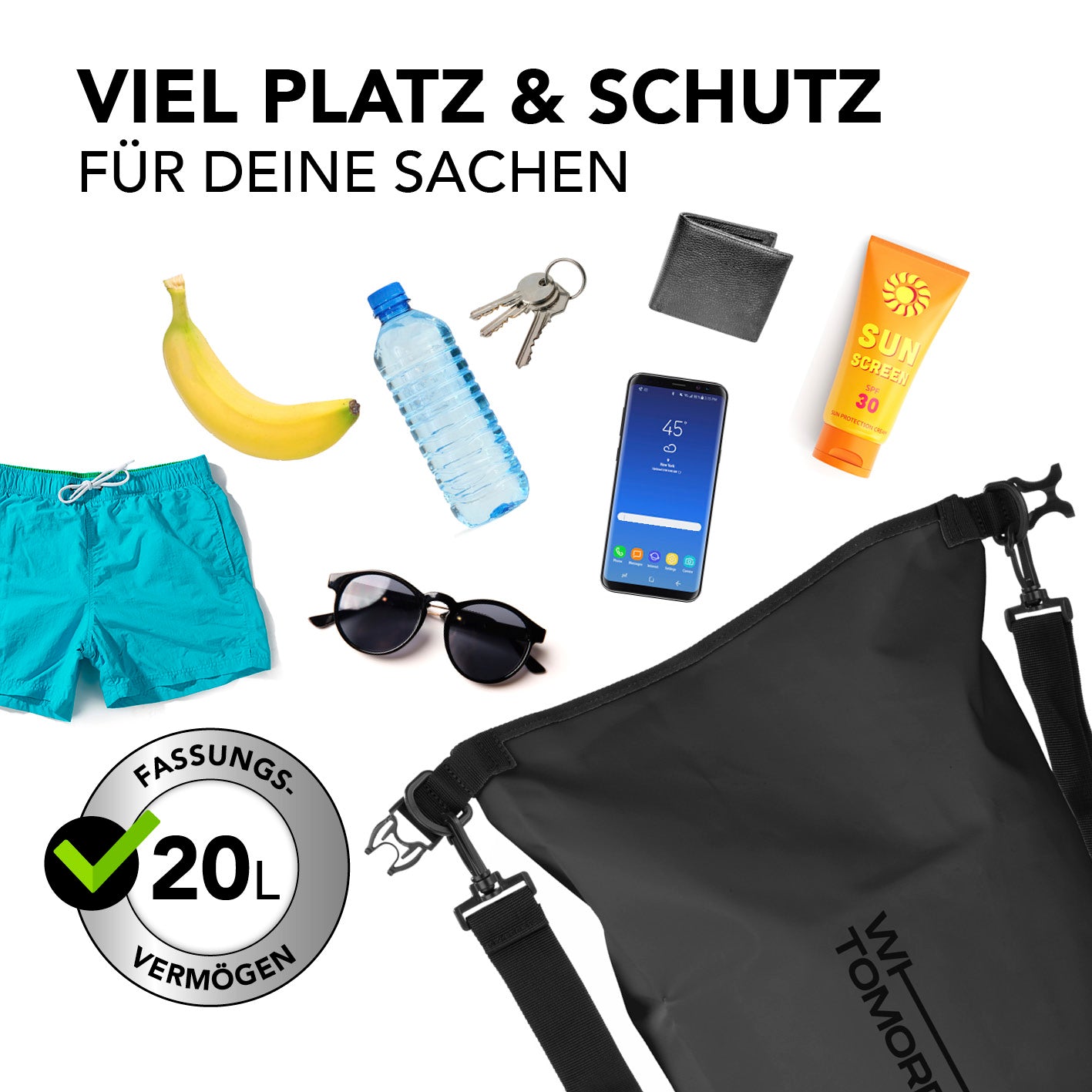 Dry Bag 20L - Style 02 - Schwarz, wasserdichter, robuster Rucksack mit 20L Fassungsvermögen für Outdoor-Abenteuer und sicheren Schutz.