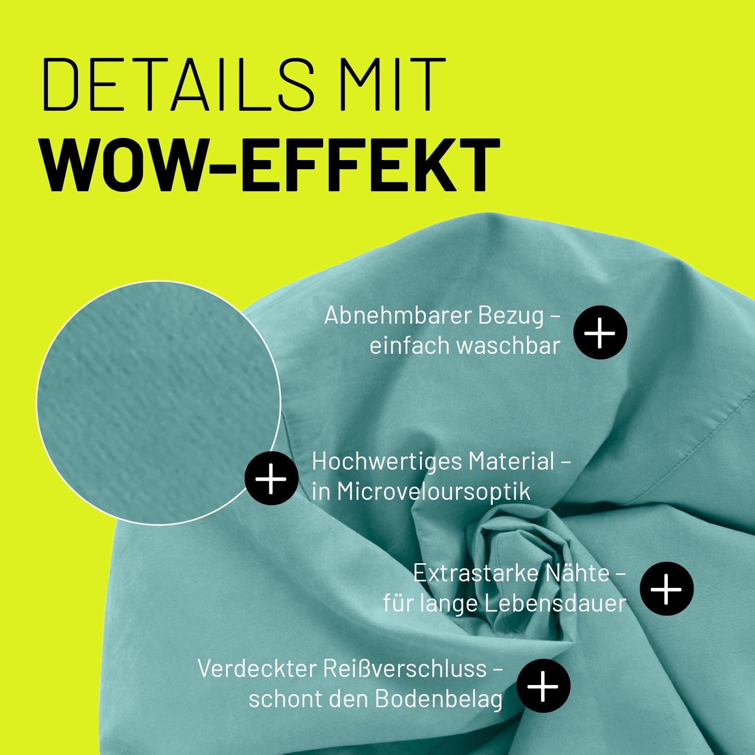 Luxury XL PLUS Sitzsack (220 L) Türkis mit abnehmbarem Bezug, hochwertigem Microvelours-Material und verdecktem Reißverschluss.