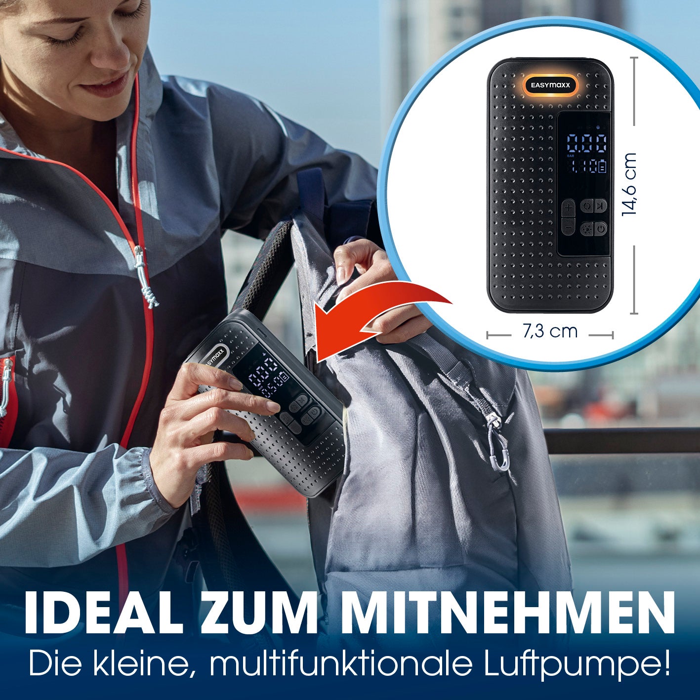 Akku-Handkompressor – kompakt, multifunktional, mit LED-Display und USB-Aufladung, ideal zum Mitnehmen bei Outdoor-Aktivitäten.