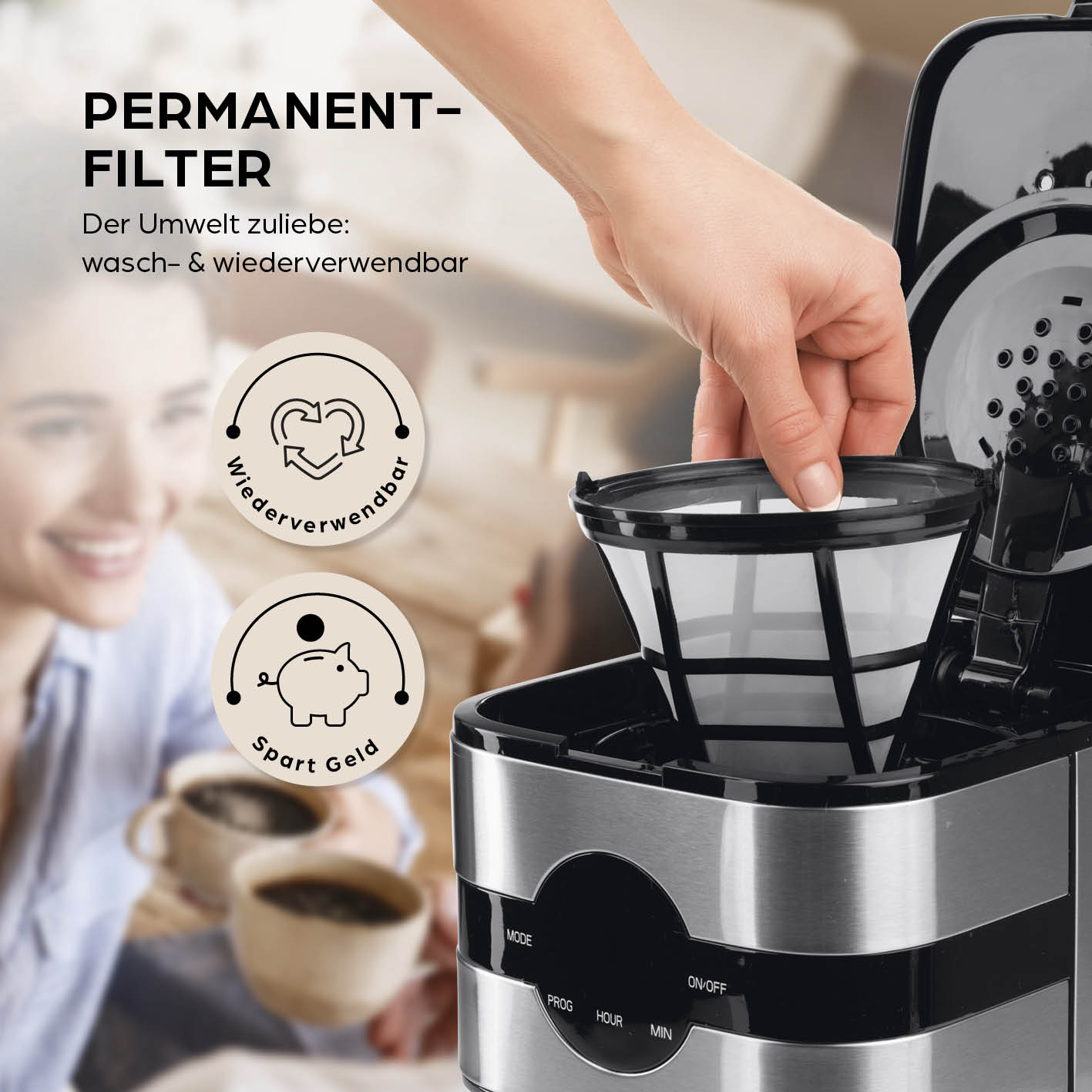 Filterkaffeemaschine Touch Iso - Silber mit waschbarem Permanentfilter für umweltfreundlichen und kostensparenden Kaffeegenuss.
