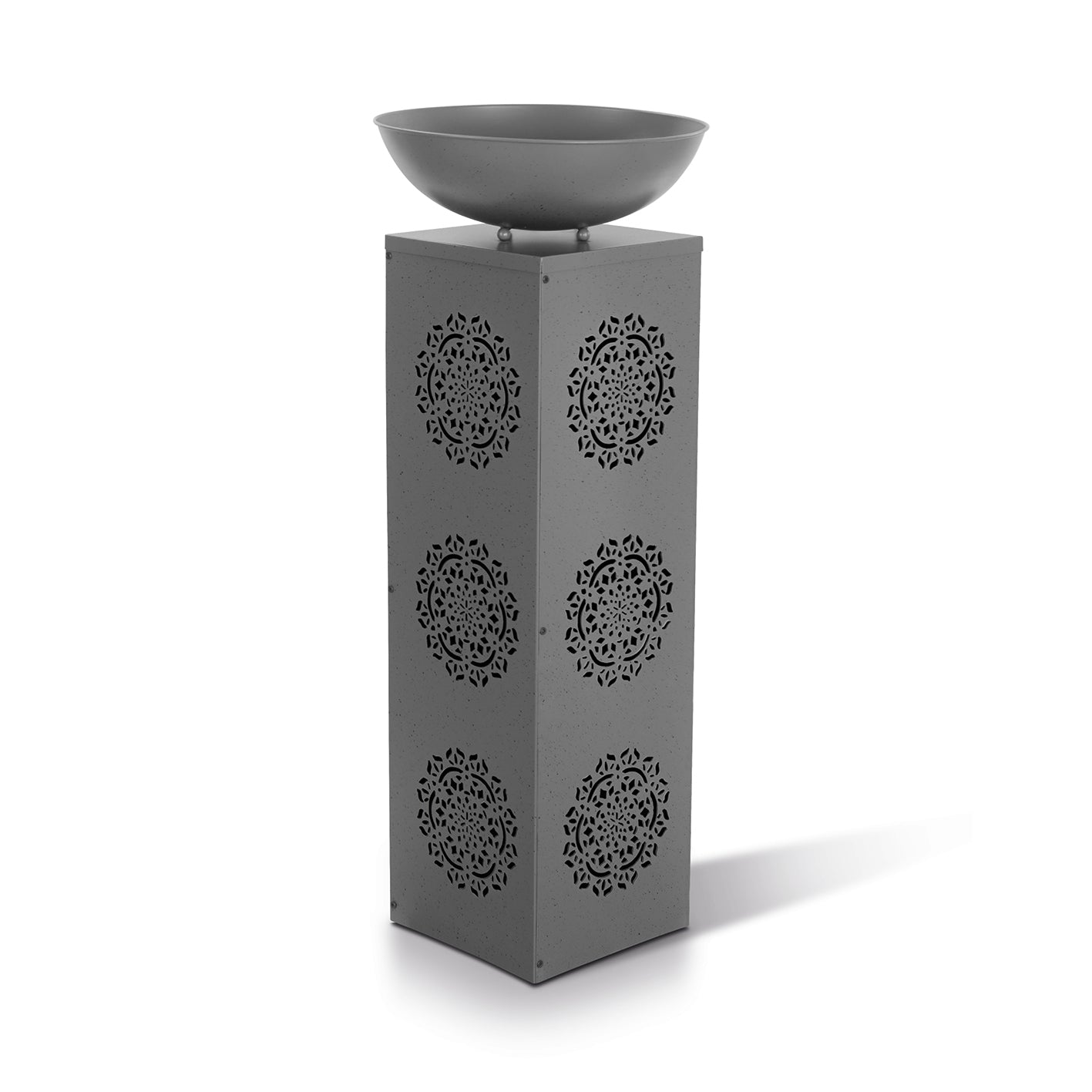 LED-Dekosäule Beton-Optik "Mandala" - 87 cm mit Mandala-Design und Pflanzschale, ideal für Deko im Innen- und Außenbereich.