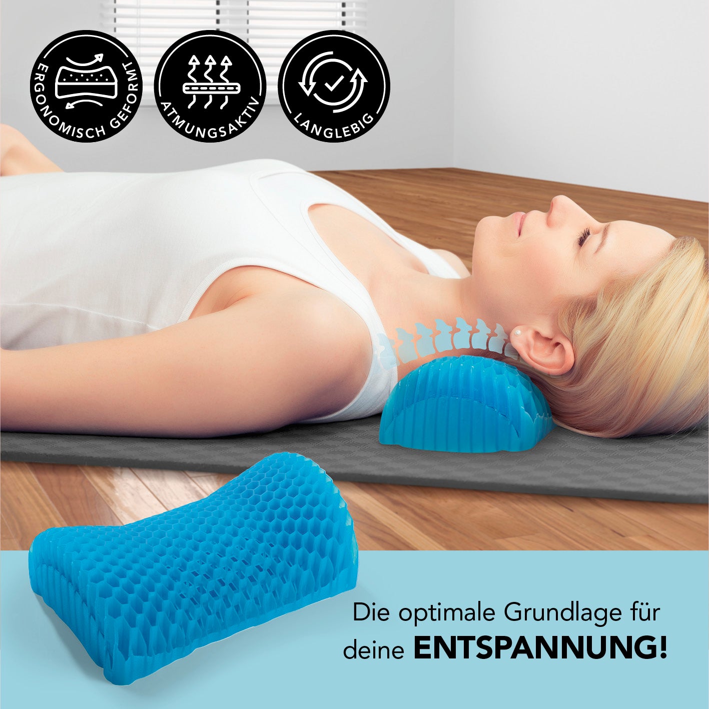 Entspannungskissen mit Wabenstruktur - 27 x 8,5 cm - schwarz aus weichem Gel für Nackenstütze und atmungsaktiven Komfort.