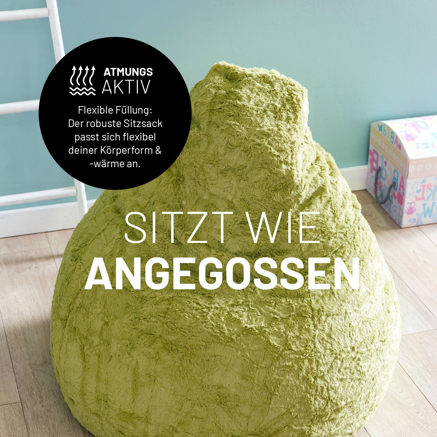 Luxury Fluffy Sitzsack (120 L) Grün aus weichem Webplüsch mit flexibler Füllung, die sich der Körperform anpasst und für Komfort sorgt.