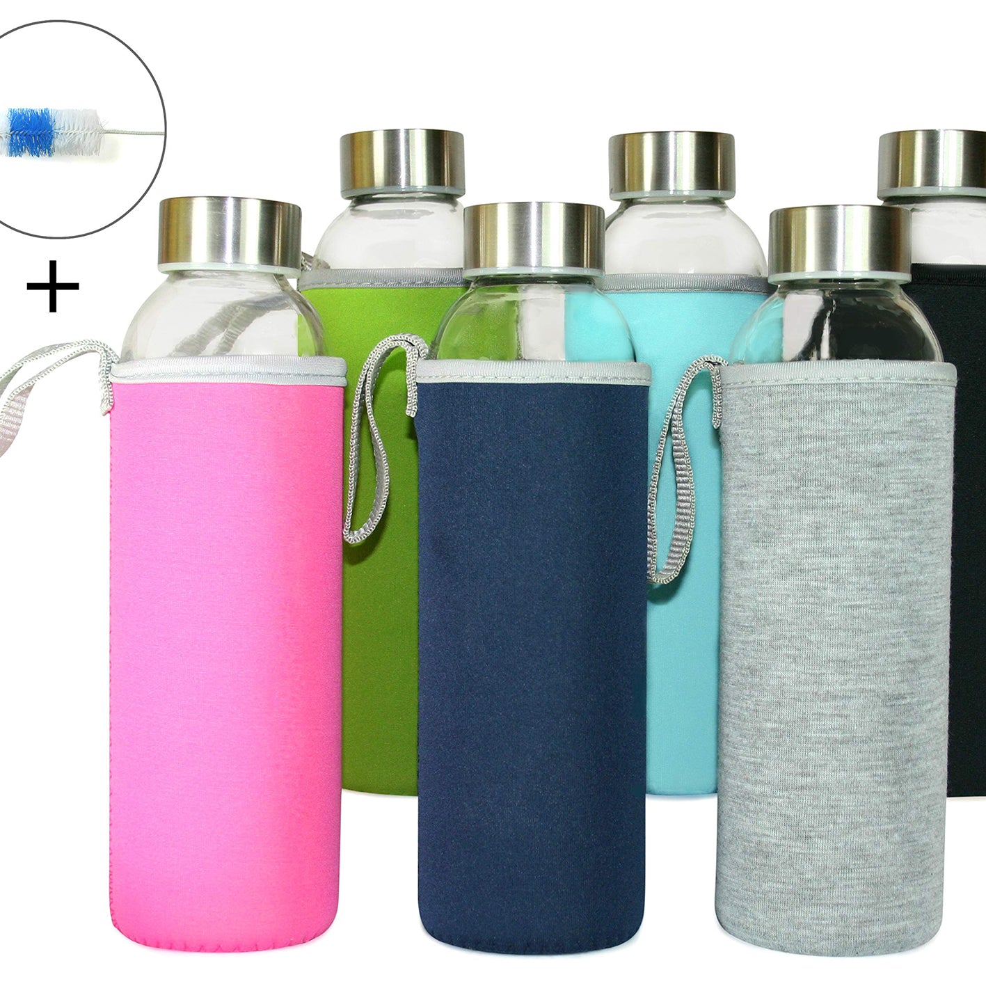 Glasflaschen 500 ml, 6er-Set + Flaschenbürste mit Neopren-Etui, Edelstahldeckel, robustes Kalknatronglas, vielseitig und luftdicht.
