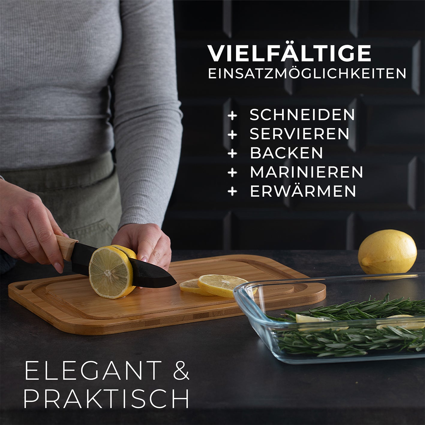 Multifunktionsbrett mit Glaskuppel - 2er Set zeigt Schneidebrett aus Bambus, ideal zum Schneiden, Servieren und Aufbewahren von Lebensmitteln.