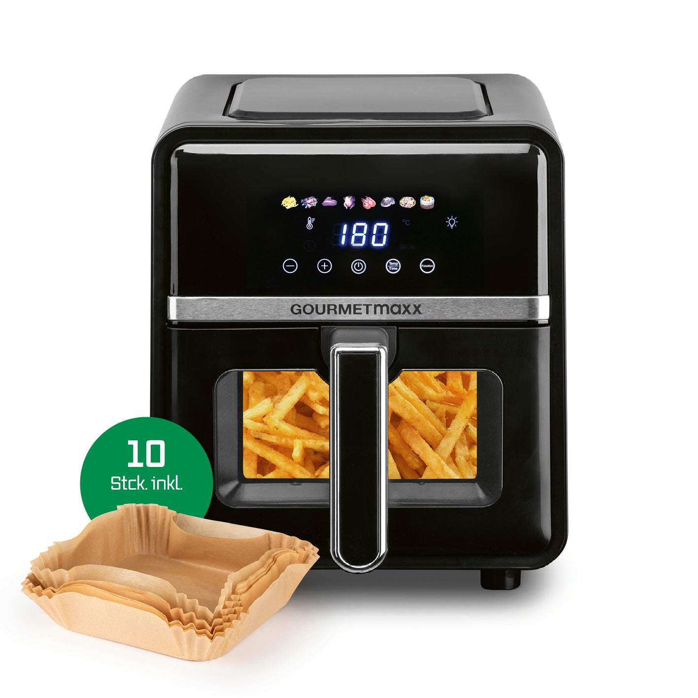 Heißluftfritteuse - 5 Liter mit LED-Touchdisplay, Frontfenster und 10 Backpapierschalen für fettarmes Frittieren knuspriger Gerichte.