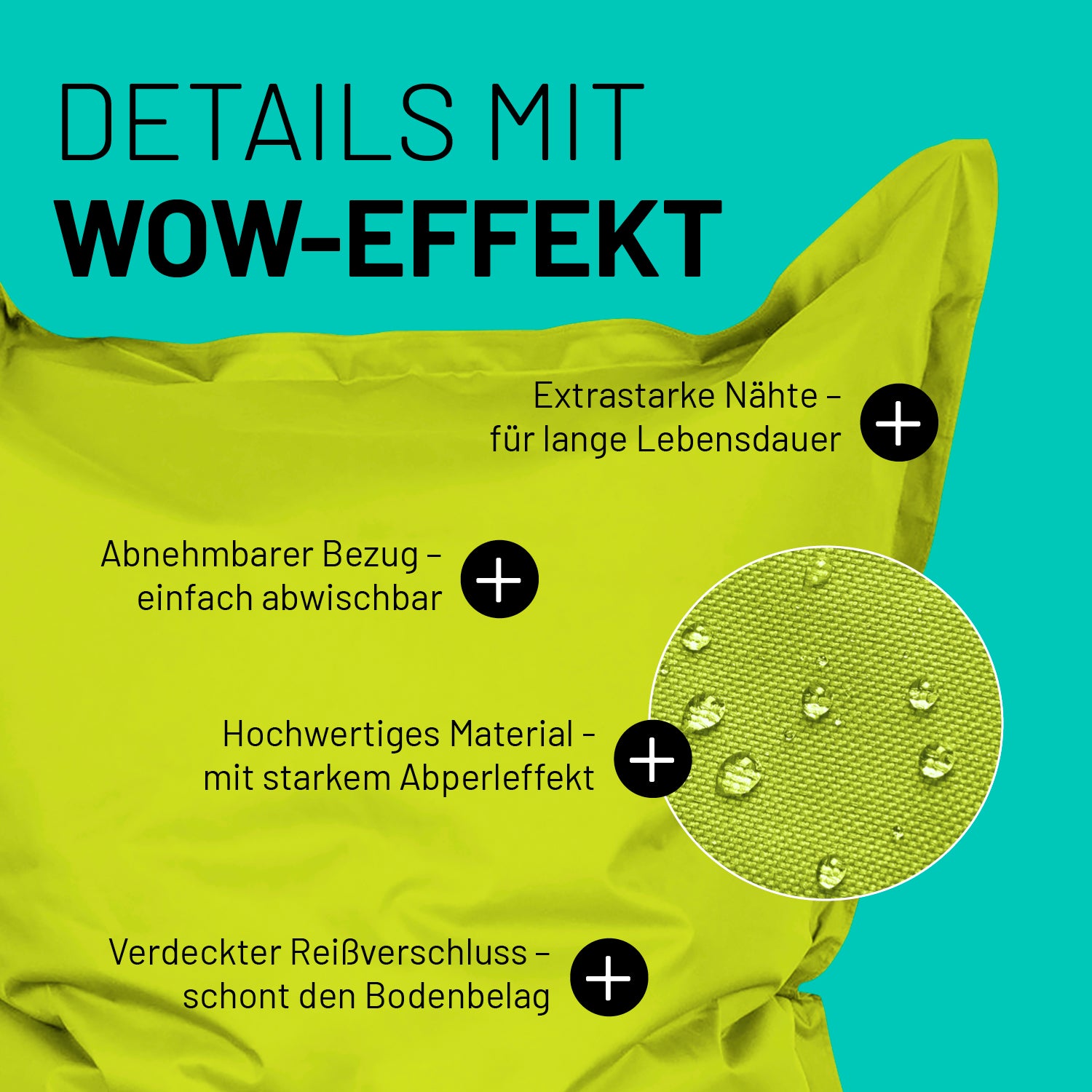 Sitzsack Classic XXL (380 L) Apfelgrün mit extrastarken Nähten, abwischbarem Bezug, Abperleffekt und verdecktem Reißverschluss.