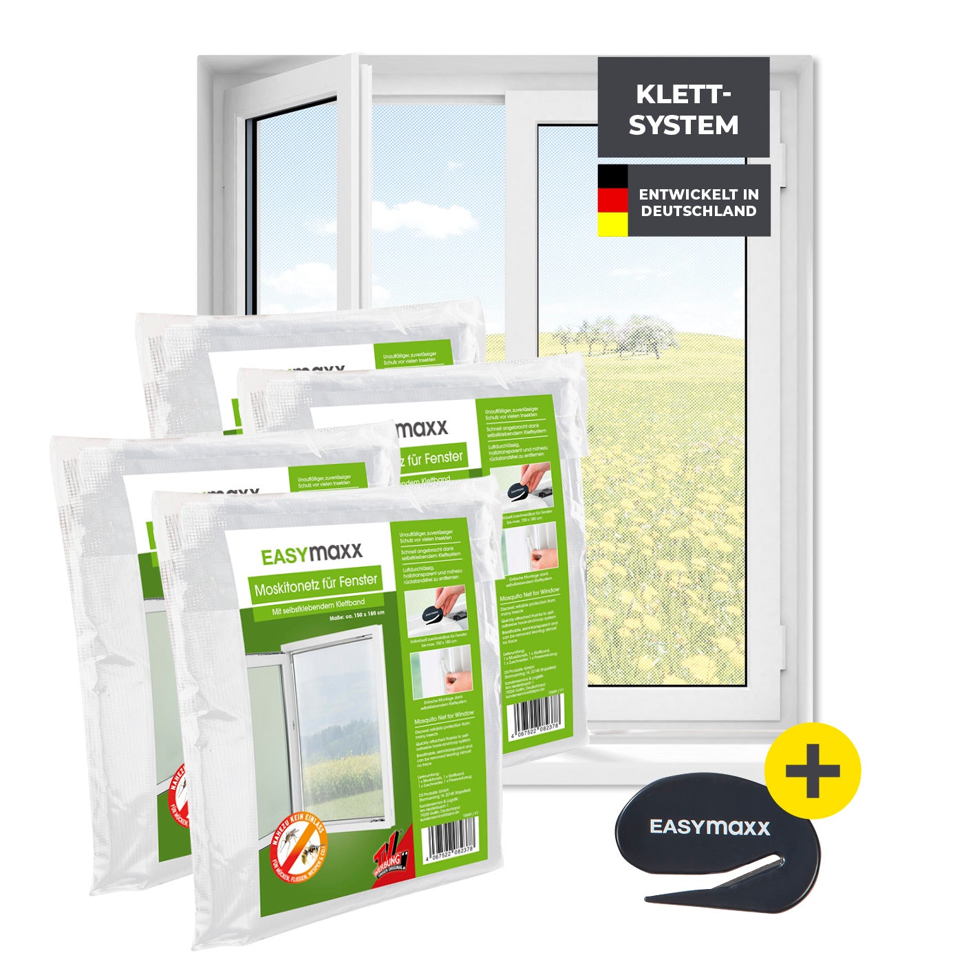 Moskitonetz für Fenster mit selbstklebendem Klettband 4er-Set 150x180 cm Weiß, einfach montierbar und rückstandsfrei entfernbar.