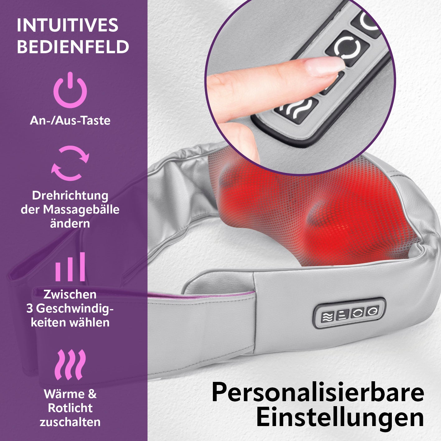 Shiatsu-Massagegerät mit intuitivem Bedienfeld, einstellbarer Drehrichtung, 3 Geschwindigkeiten und Wärmefunktion für individuelle Massage.