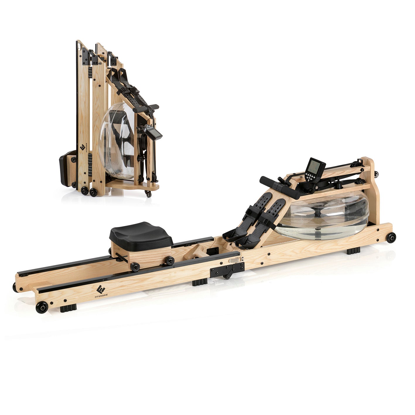 Rudergerät klappbar - regulierbarer Wasserwiderstand mit ergonomischem Sitz, höhenverstellbaren Fußauflagen und Trainingsmonitor.