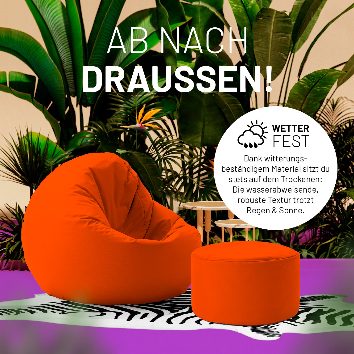 Sitzsack-Hocker/Pouf (50 L) - orange, wetterfest, leicht, multifunktional für Indoor & Outdoor, mit verdecktem Reißverschluss und robustem Material.