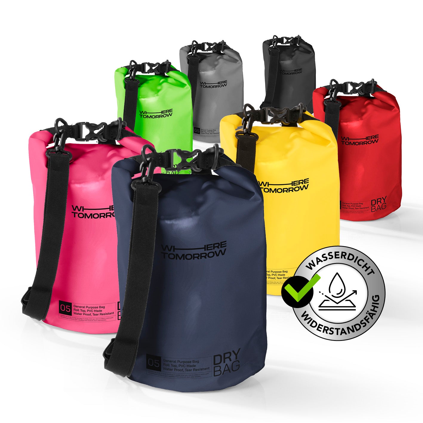 Dry Bag 5L - Style 01 - Dunkelblau, wasserdichter, robuster Outdoor-Rucksack mit verstellbarem Schultergurt und Rolltop-Verschluss.