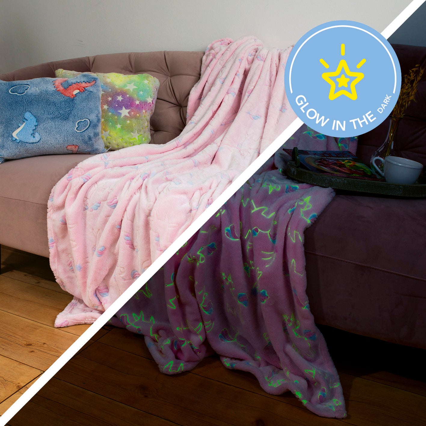 Verwandlungskissen Glow in the dark - Kuschelkissen & Kuscheldecke - Einhorn aus weichem Flanell-Fleece mit leuchtenden Sternen im Dunkeln.