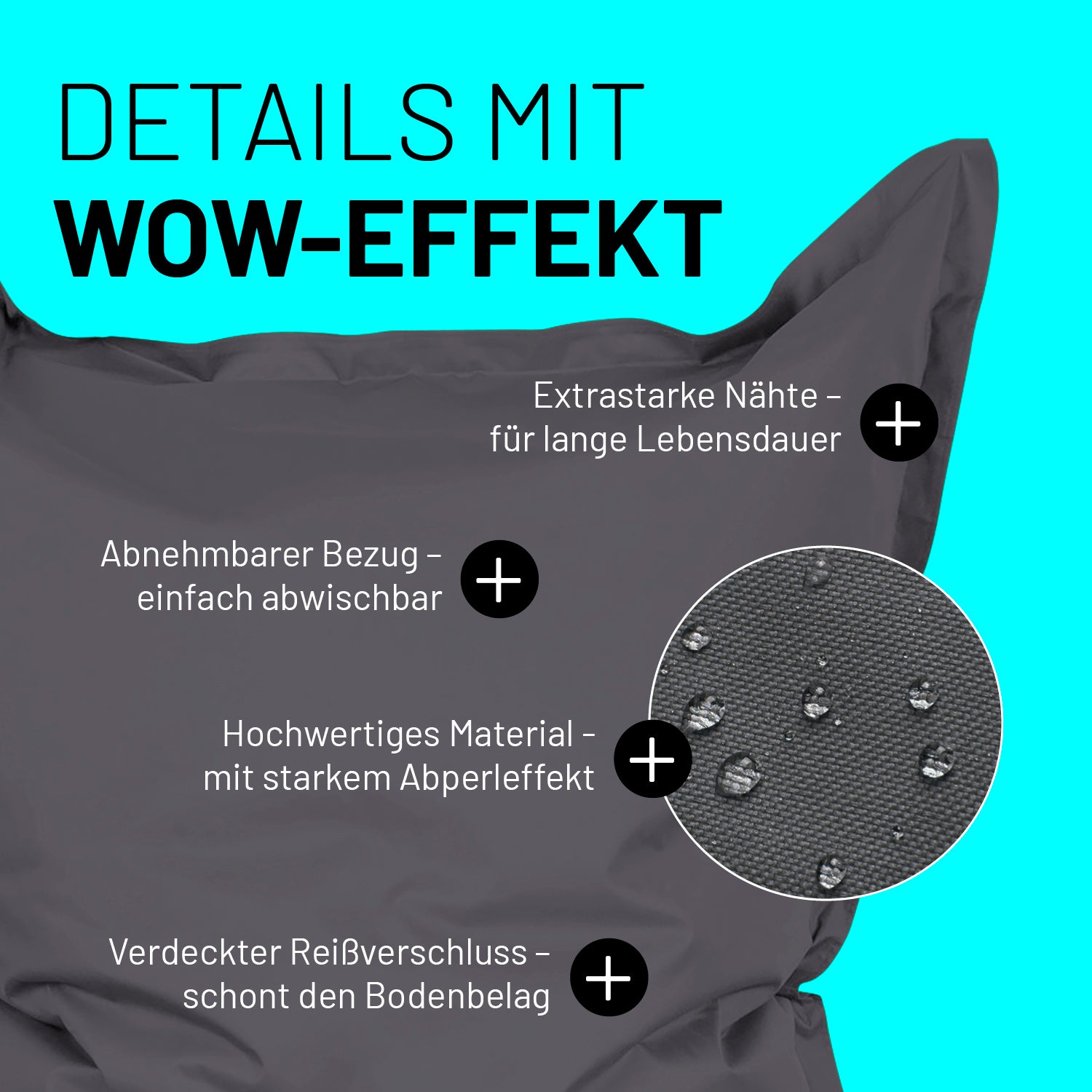 Sitzsack Classic XXL (380 L) Anthrazit mit extrastarken Nähten, abnehmbarem Bezug, Abperleffekt und verdecktem Reißverschluss.