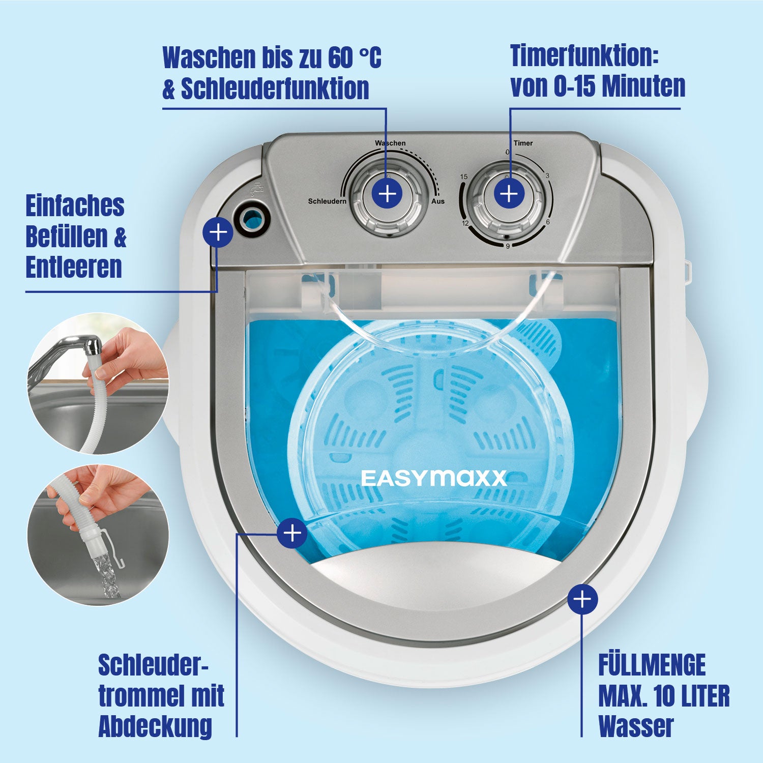 Mini-Waschmaschine - 260 Watt - weiß/blau mit Schleudertrommel, Timerfunktion, bis 60 °C waschen, max. 10 Liter Fassungsvermögen.