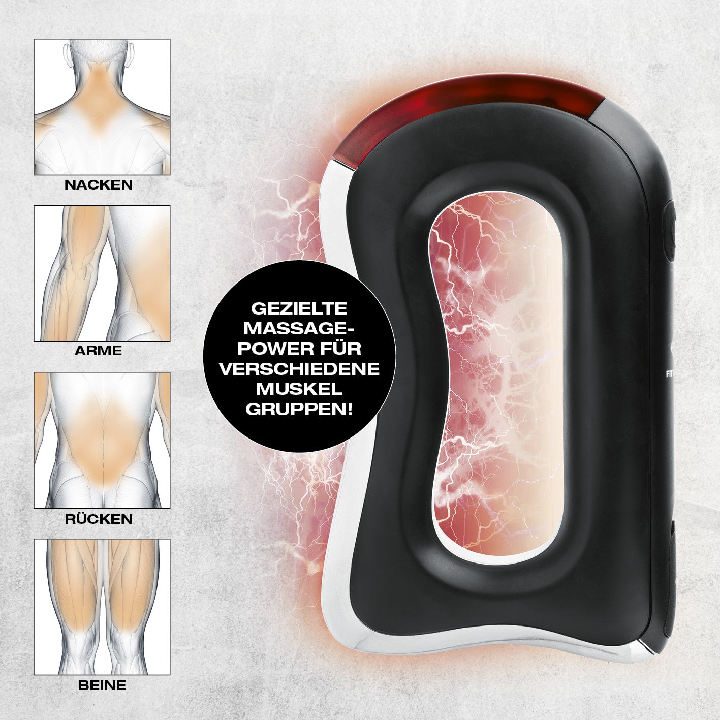 EMS Massagegriff mit gezielter Massagepower für Nacken, Arme, Rücken und Beine zur Muskelaktivierung und Triggerpunktbehandlung.