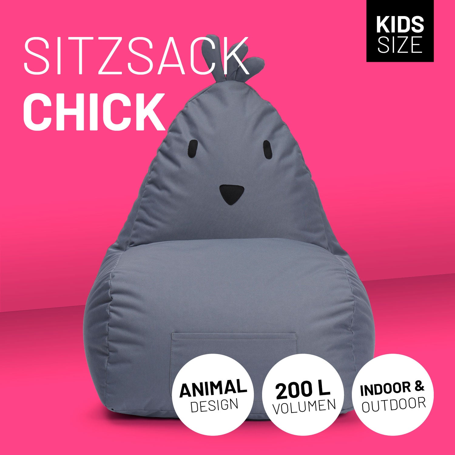 Kindersitzsack Animal Line Chick (200 L) in Stahlgrau, kuschelig, wasserabweisend, für drinnen & draußen, robust und kindgerecht.