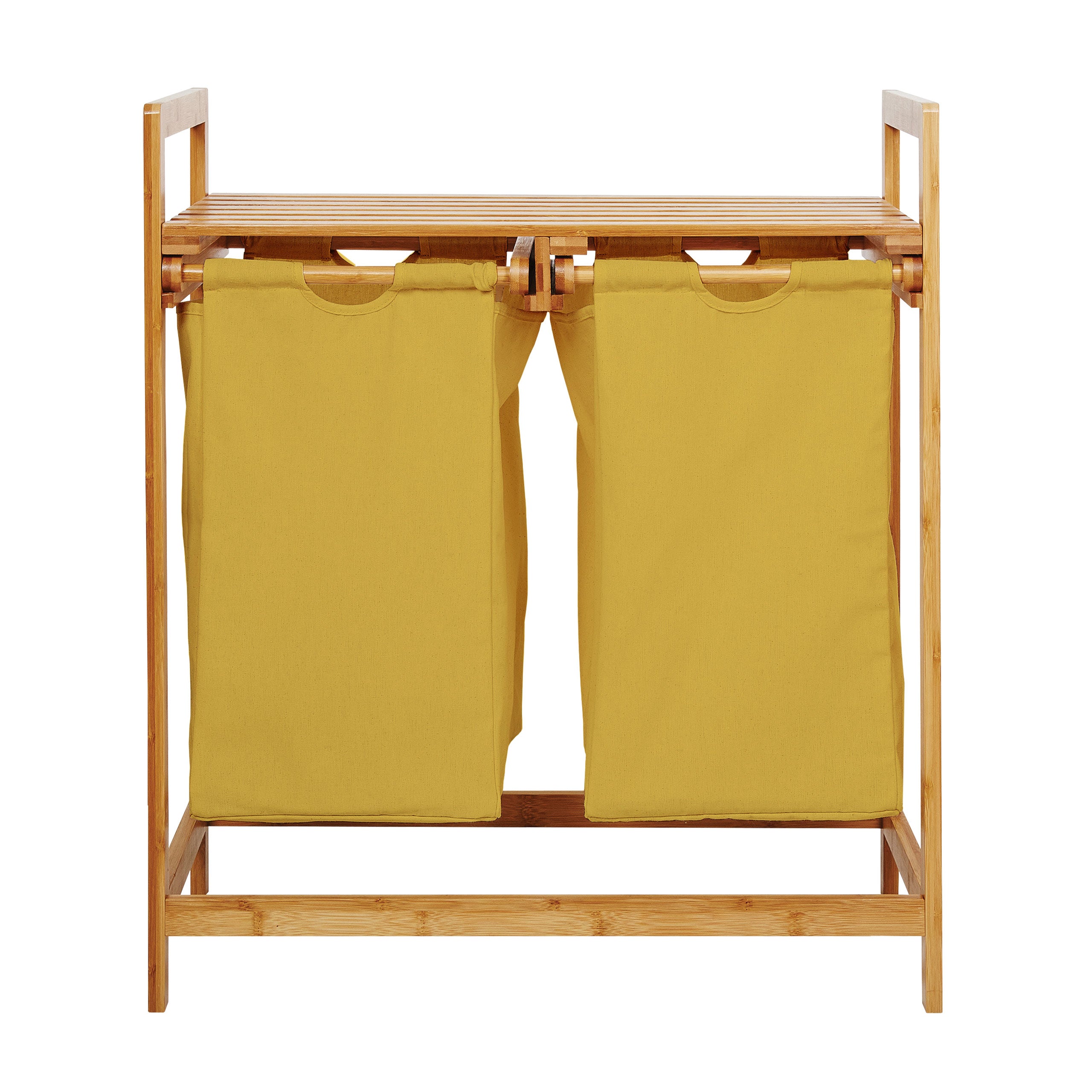 Bambus Wäschekorb mit 2 ausziehbaren Wäschesäcken - 73 x 64 x 33 cm - Gelb, stilvoll und pflegeleicht.