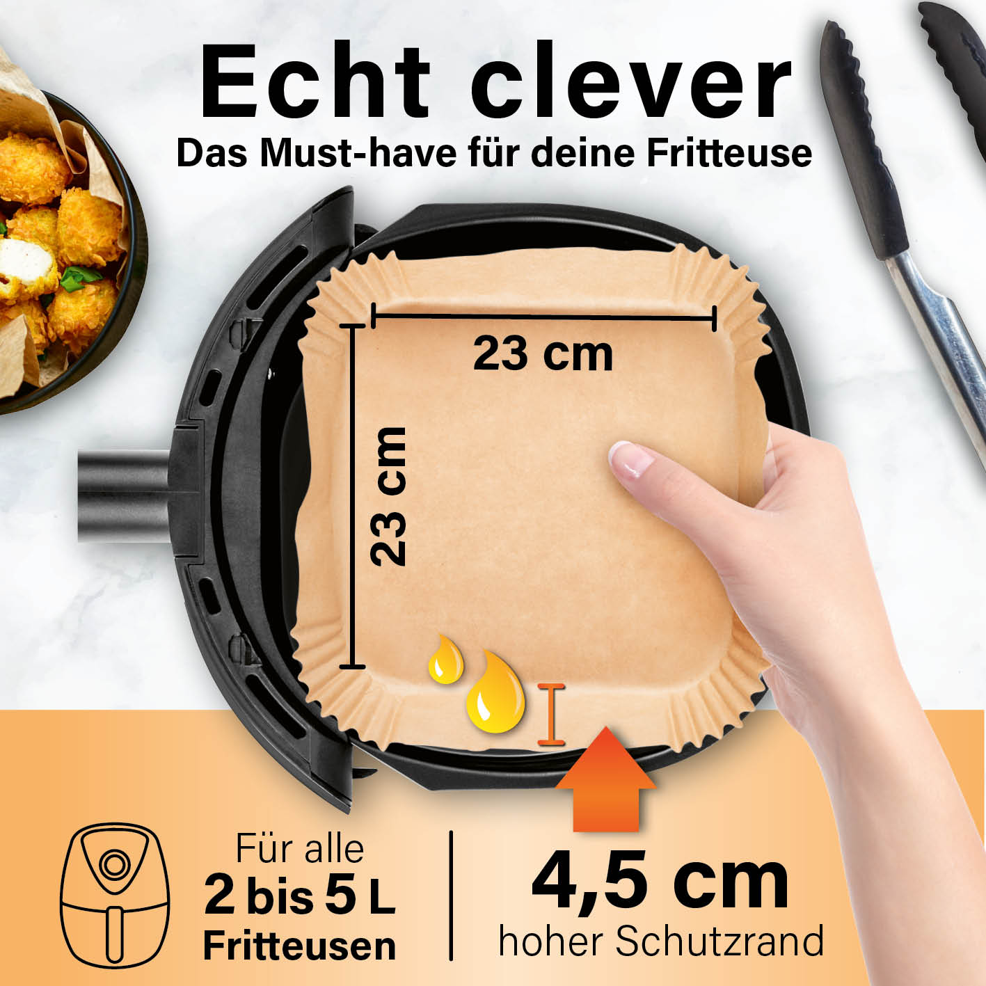 Backpapierschalen für Heißluftfritteusen (5–8 l) – 50 Stück, 23 x 23 x 4,5 cm, hitzebeständig mit hohem Rand für sauberes Frittieren.