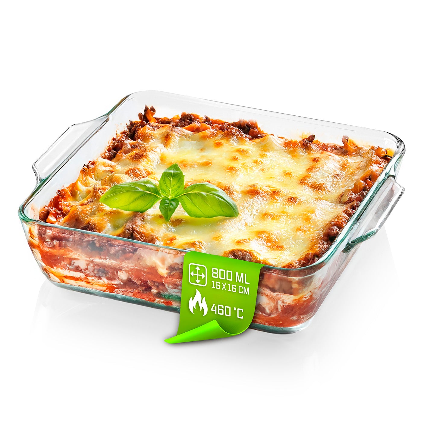 Glas-Auflaufform für Heißluftfritteuse & Backofen - 19 x 16 x 4,5 cm - 800 ml mit gebackenem Auflauf und Basilikumblatt.