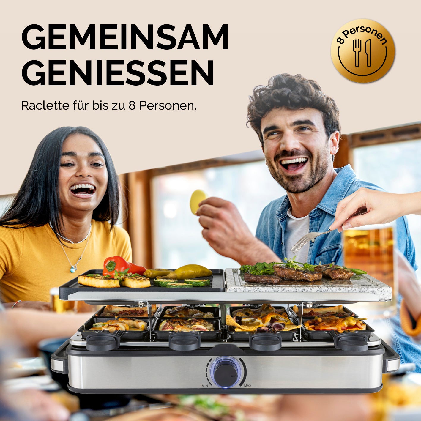 Raclettegrill - 8 Personen für gemeinsames Genießen mit bis zu 8 Pfännchen und zwei Grillplatten für vielseitigen Genuss.