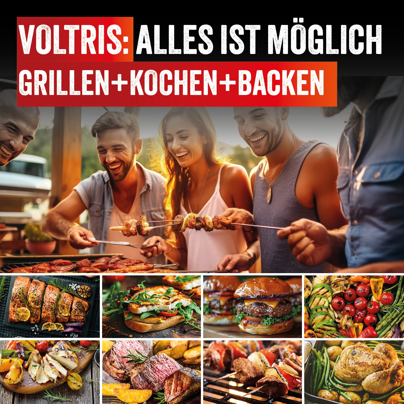 VOLTRIS Elektro-Grillwagen - Schwarz zeigt Grillabend mit verschiedenen Speisen und Freunden beim Grillen und Genießen.