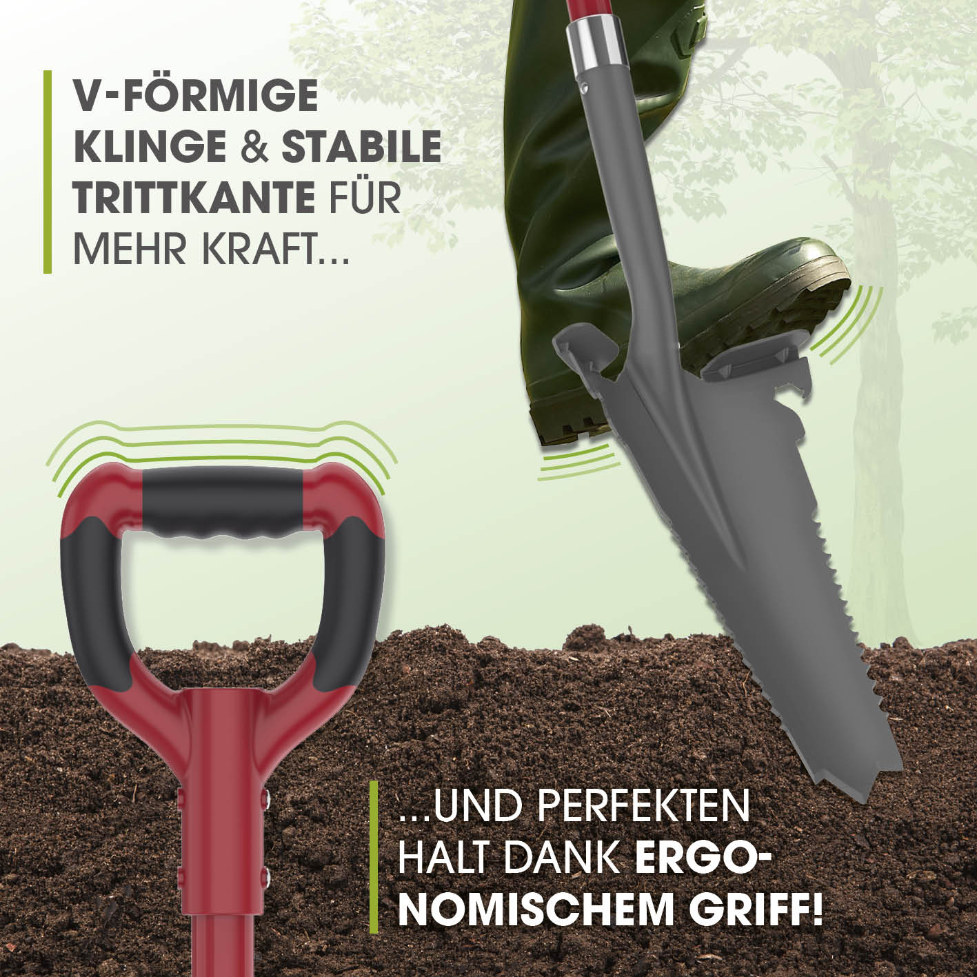 Spaten- & Wurzelsäge - 114 cm mit V-förmiger Klinge, Trittkante und ergonomischem Griff für kraftsparendes Arbeiten.