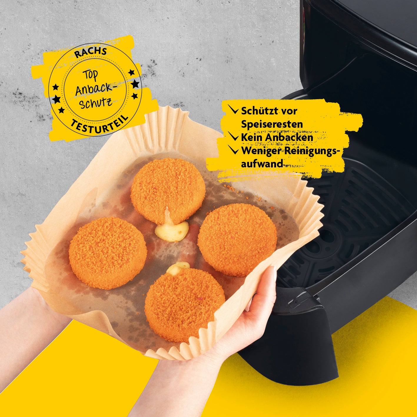 Backpapierschalen für Heißluftfritteusen (2–5 l) mit 2 Rezeptideen, hitzebeständig, antihaftbeschichtet, sauber und robust.