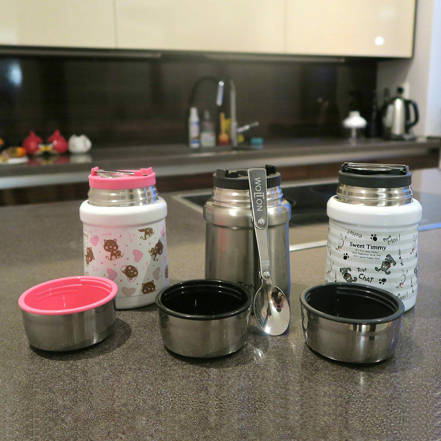 Thermobehälter 450 ml - Katzen/Rosa mit Edelstahl, Doppelwandisolierung, auslaufsicher und praktischem Löffel im Deckel.
