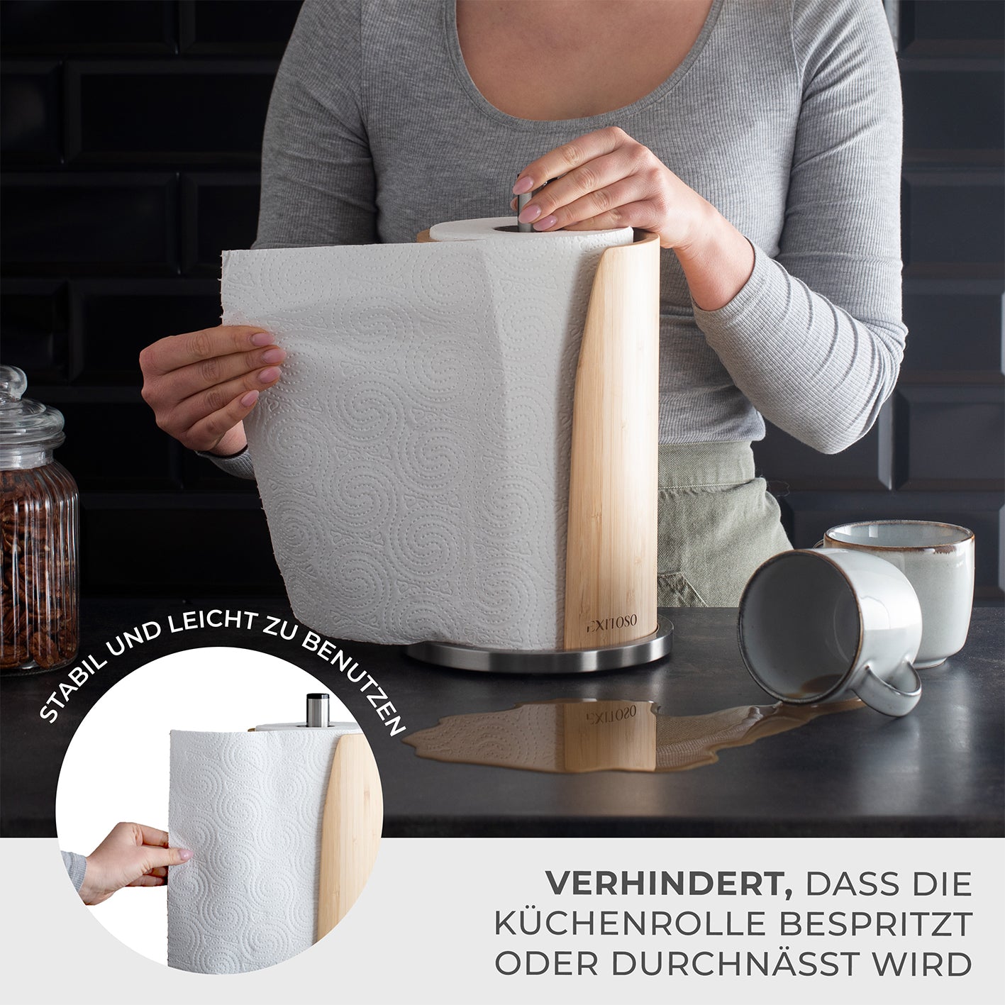 Küchenrollenhalter - Bambus + Edelstahl, stilvoller, stabiler Küchenrollenhalter aus Bambus und rostfreiem Edelstahl, platzsparend und langlebig.