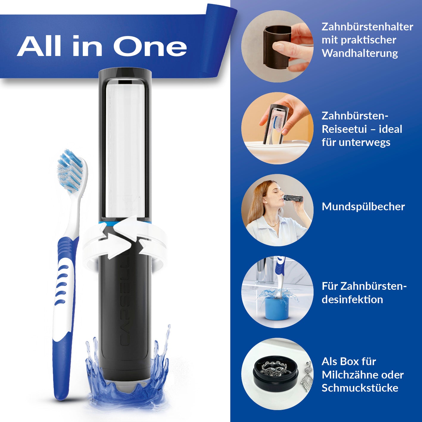 Zahnbürstenbox - schwarz & weiß - 2er-Set als multifunktionale Aufbewahrung für Zahnbürste, Reiseetui, Mundspülbecher und Desinfektion.