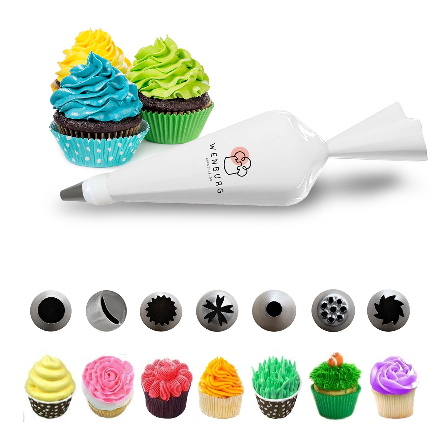 Spritzbeutel-Set - 11 tlg. mit 7 Edelstahl-Tüllen, wiederverwendbarem Baumwollbeutel und Adapter für kreative Kuchendekoration.