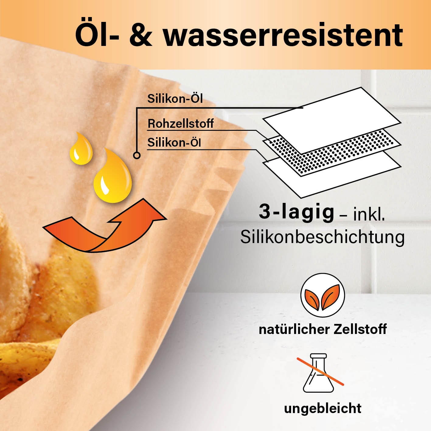 Backpapierschalen für Heißluftfritteusen (5–8 l) mit 3-lagiger, silikonbeschichteter, öl- und wasserresistenter Zellstoffschale.