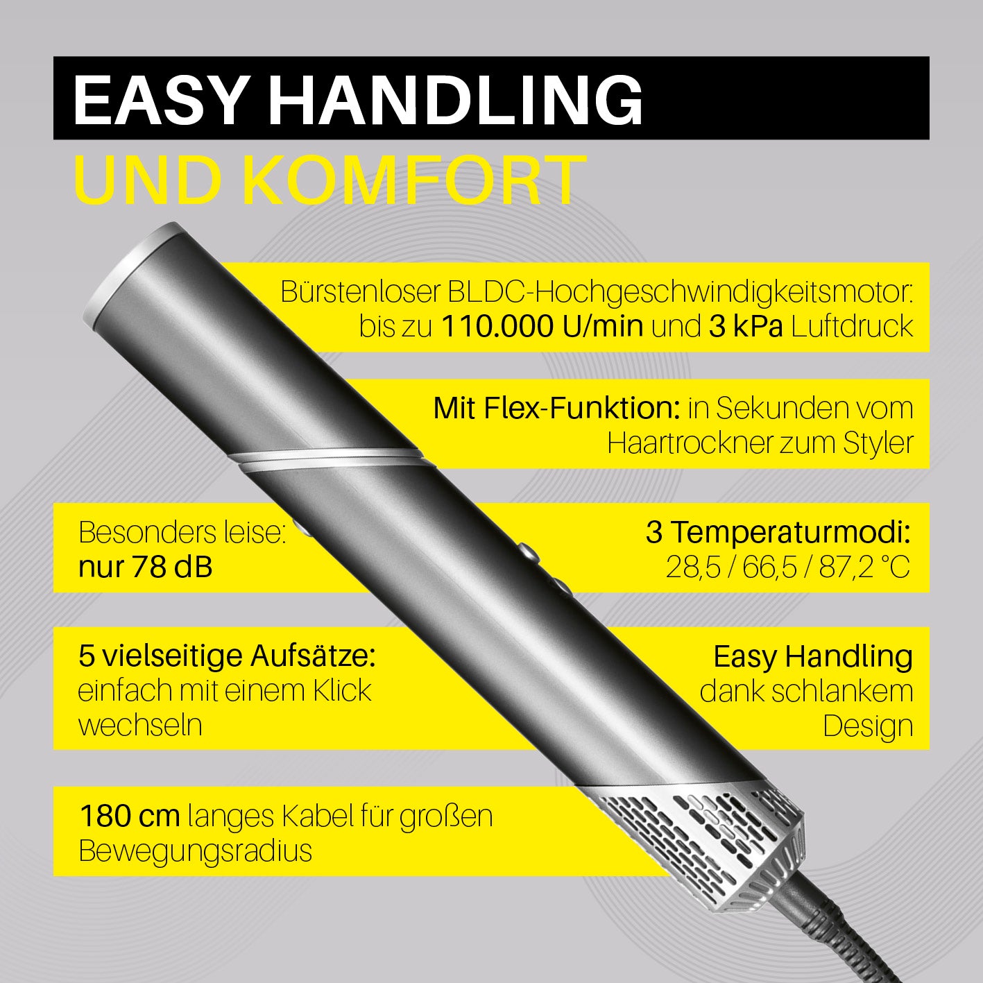 Hairstyler Flex mit BLDC-Motor, Flex-Funktion, 3 Temperaturmodi, 5 Aufsätzen und 180 cm Kabel für einfaches Styling und Föhnen.