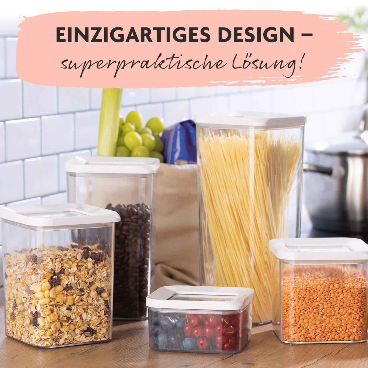 Vorratsbehälter 10-tlg. - weiß mit luftdichten Deckeln, stapelbar und transparent für optimale Küchenordnung und Frische der Lebensmittel.