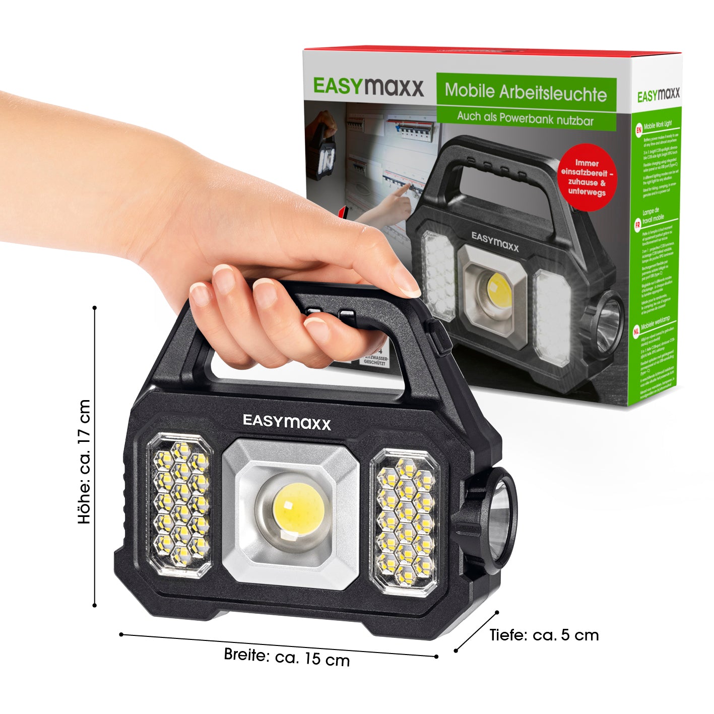 Solar-Arbeitsleuchte mobil - Schwarz mit Akku, 3-in-1 Licht, Solarpanel und USB-Laden, ideal für Outdoor und Notfälle.