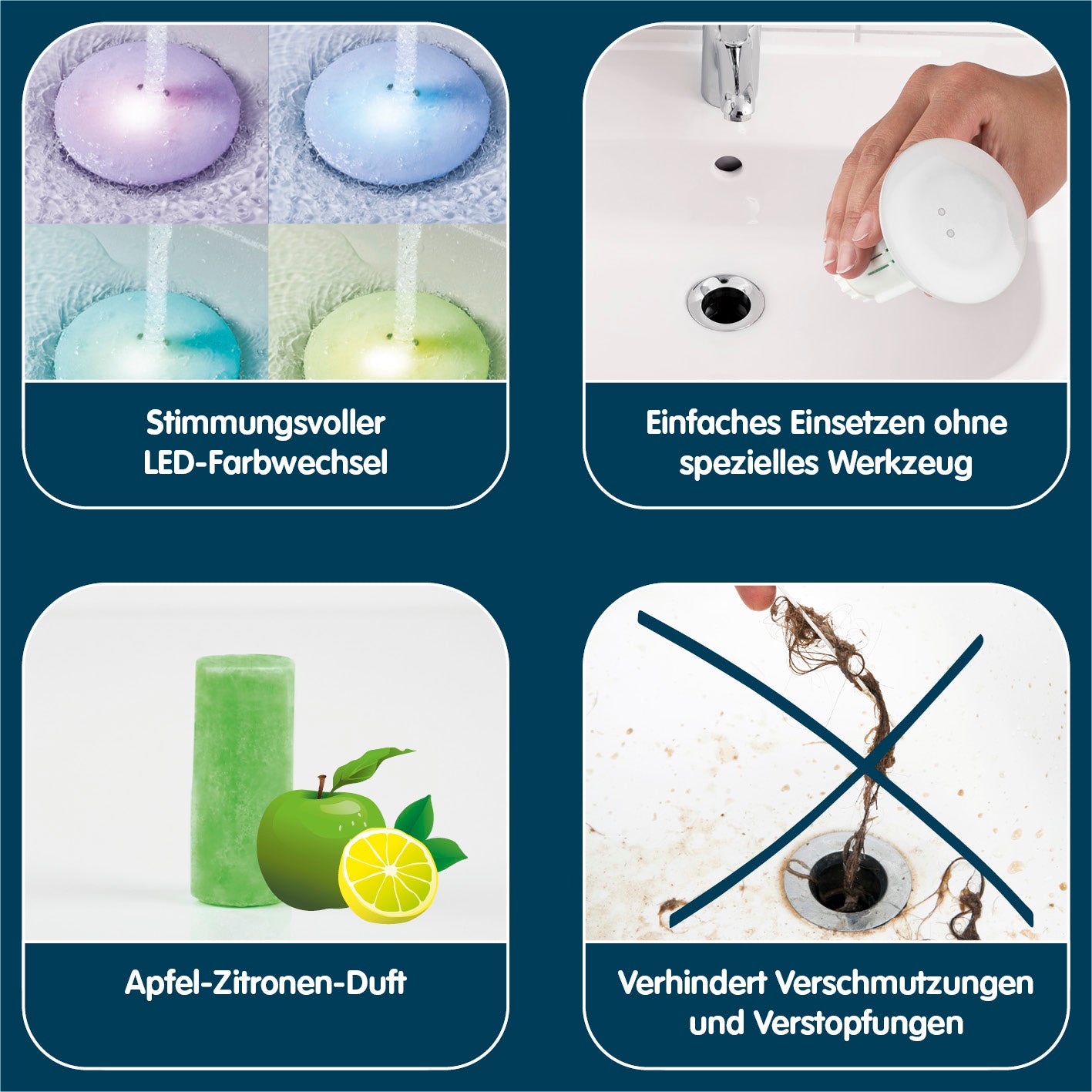 Abfluss-Fee LED-Abflussstopfen mit LED-Farbwechsel, einfach einsetzbar, Apfel-Zitronen-Duft, verhindert Verstopfungen und schlechte Gerüche.