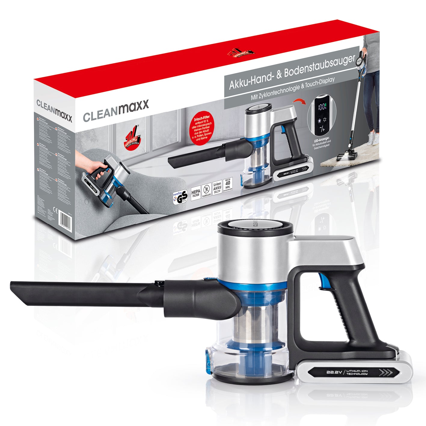 Akku-Zyklon-Staubsauger Digital-Display anthrazit/silber/blau mit 22,2 V Akku und Touch-Display für hygienische Schmutzentfernung.