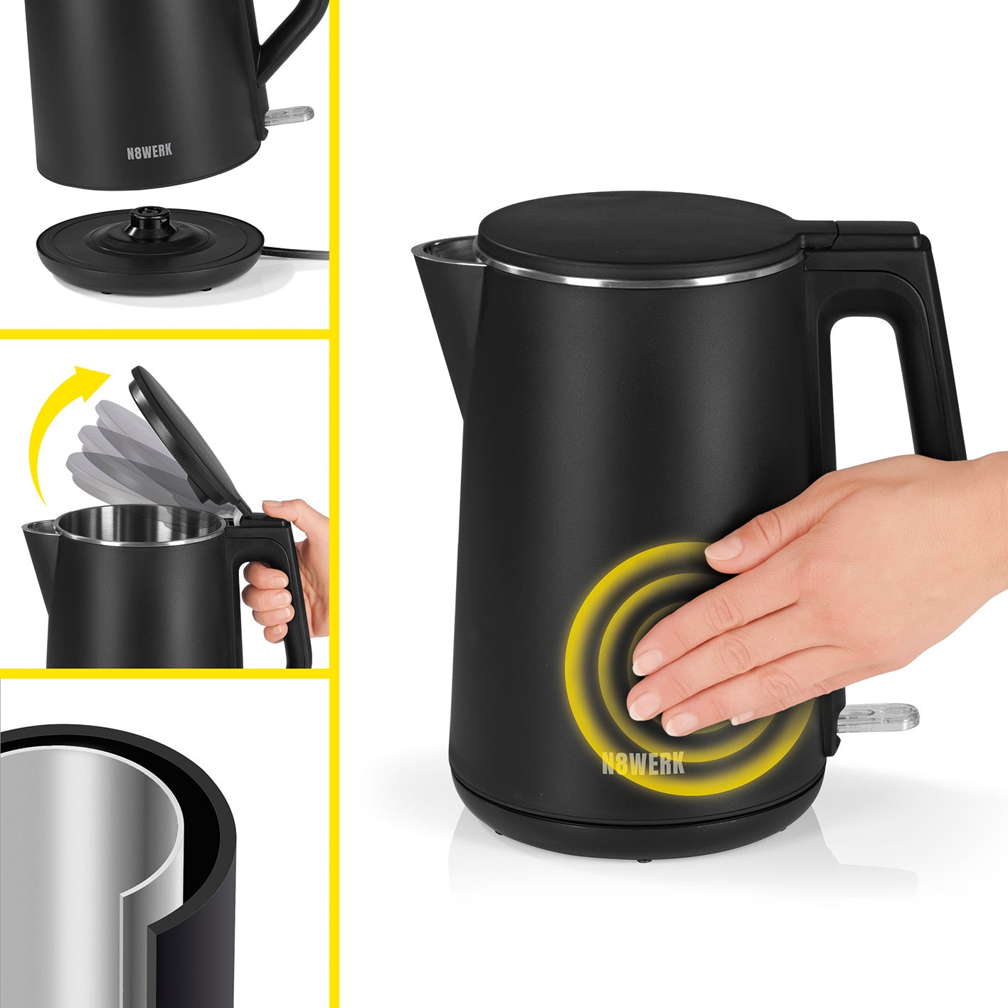 Wasserkocher in der Midnight Edition mit 1,5 Liter Fassungsvermögen, Cool-Touch-Gehäuse und 360° Drehbasis.
