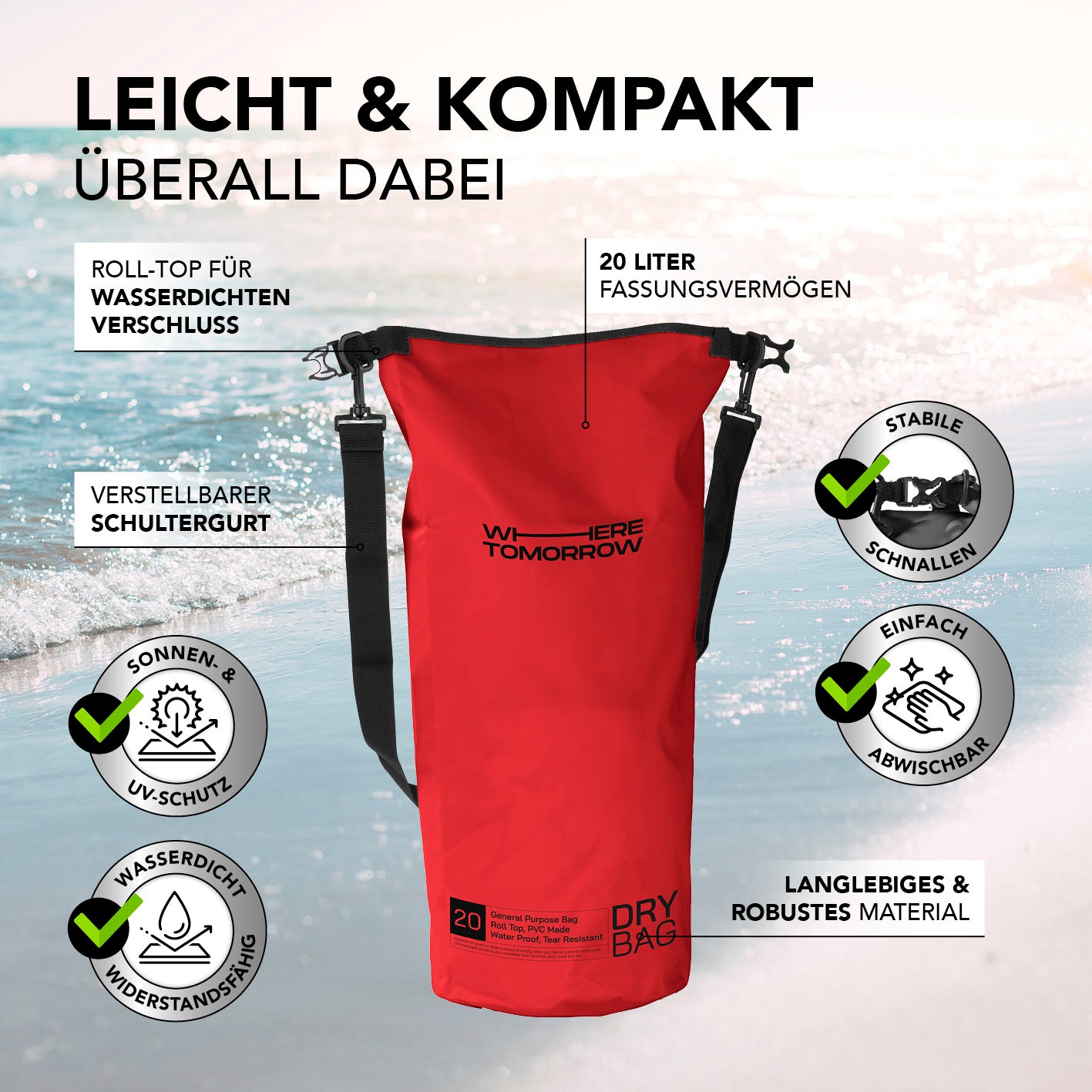 Dry Bag 20L - Style 01 - Rot, wasserdichter, robuster Outdoor-Rucksack mit Rolltop, UV-Schutz, verstellbarem Schultergurt und 20 Liter Fassungsvermögen.