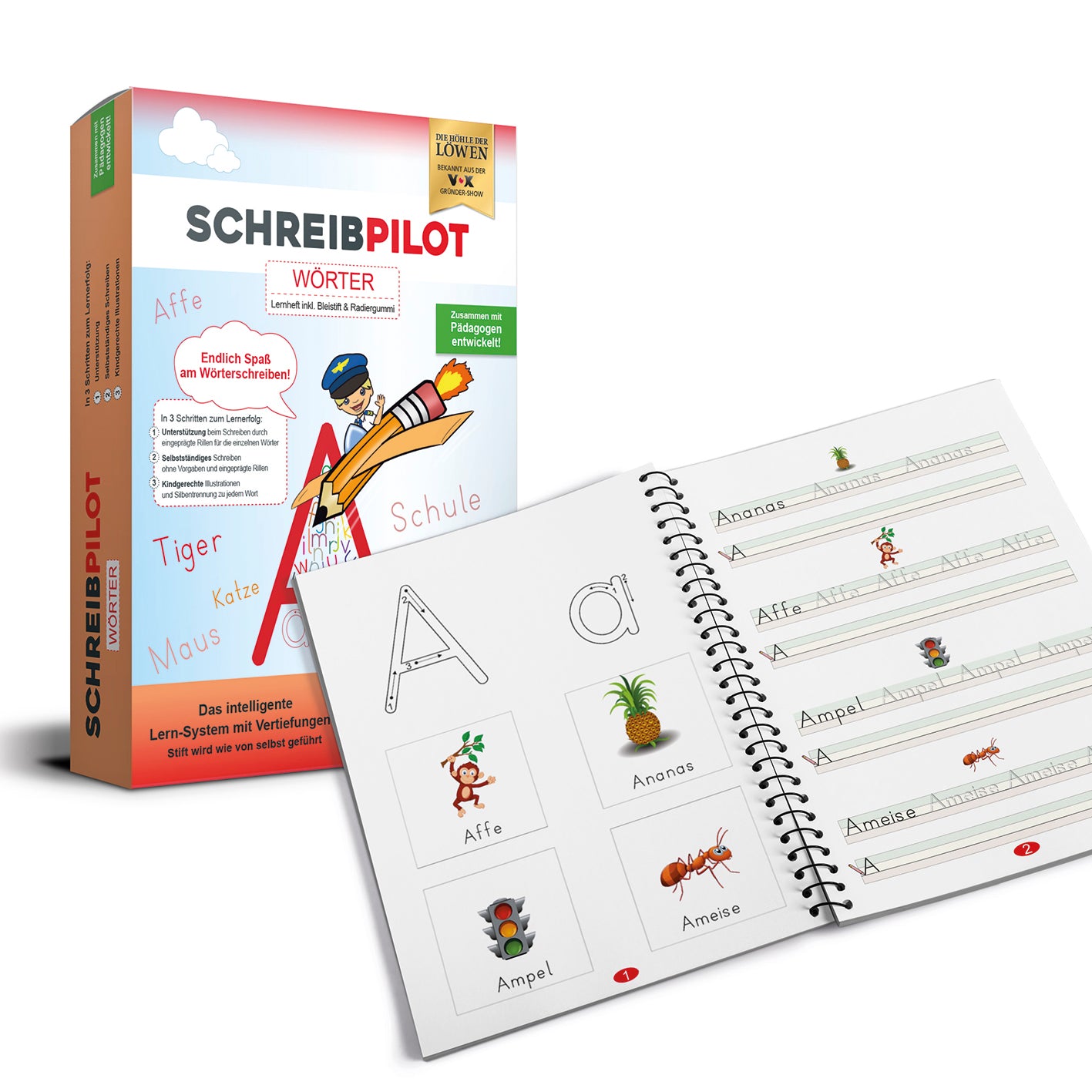 Heft Wörter mit Bleistift/Radiergummi - DIN-A4, Lernheft mit kindgerechten Wörtern und Übungen zum flüssigen Schreiben und Feinmotoriktraining.